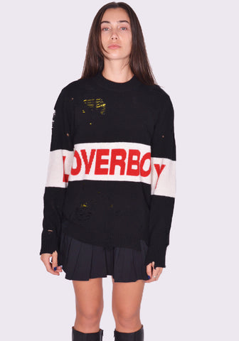 CHARLES JEFFREY LOVERBOY DISTRESSED LOVEBOY LOGO KNIT SWEATER FW24 | DOSHABURI shop