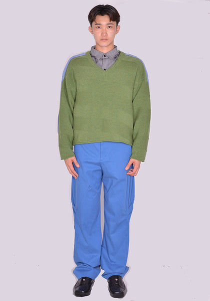 KIKO KOSTADINOV MEN KKSS24KN05-83 DELIAN V-NECK JUMPER MELANGE GREEN/MELANGE BLUE SS24 | DOSHABURI Online Shop