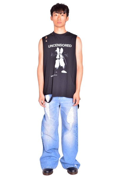 MATIERES FECALES MAT02T002 UNISEX FETISCHE CUT OFF TANK KNIT SCLERA BLACK SS26  | DOSHABURI Shop