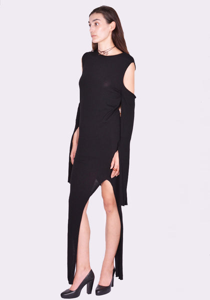 RICK OWENS CAPE SLEEVE WOOL KNIT DRESS BLACK FW24 | DOSHABURI Shop