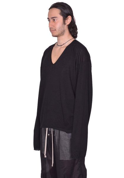 RICK OWENS MEN KNITTED V-NECK PULLOVER BLACK SS25 | DOSHABURI Shop
