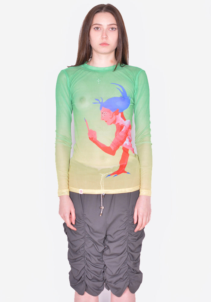 CHARLES JEFFREY LOVERBOY POWERMESH LONG SLEEVE T-SHIRT GREEN SS24 | DOSHABURI Online Shop