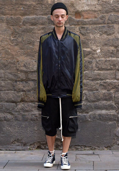 YUIKI SHIMOJI UNISEX SATIN BOMBER JACKET BLACK/KHAKI GREEN | DOSHABURI Shop