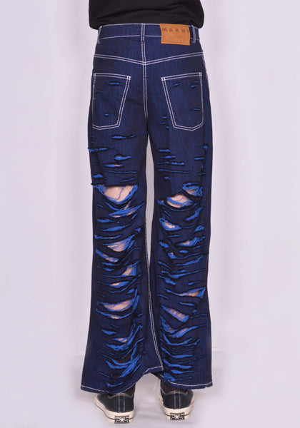 MARNI PUJU0060Y0 SLASHED WIDE DENIM TROUSERS BLUE FW22 | DOSHABURI Online Shop